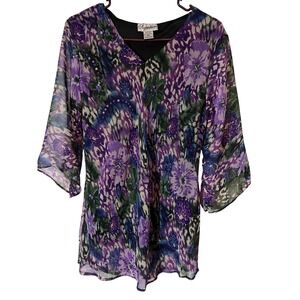 Signature JMD Tunic Medium Bohemian Floral Sequin Purple Green Sheer Bell Sleeve